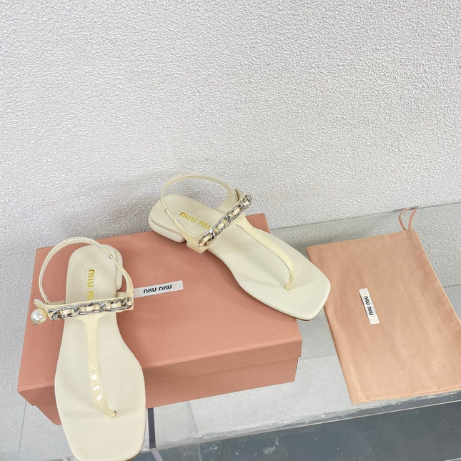 Pearl Chain Flip-Flops Apricot Color Leather