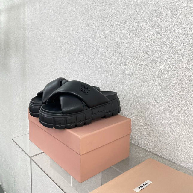 Cross Thick-Soled Black Slippers