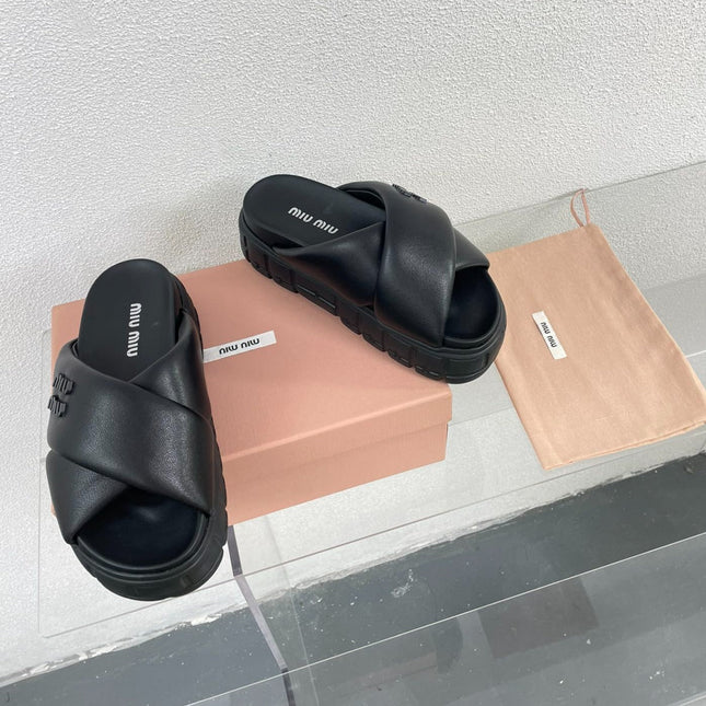 Cross Thick-Soled Black Slippers