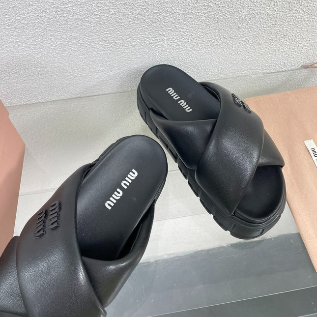 Cross Thick-Soled Black Slippers