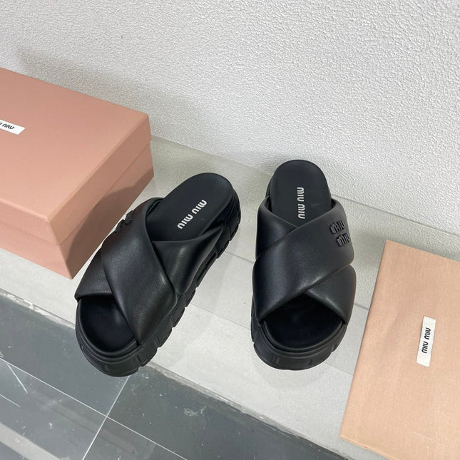 Cross Thick-Soled Black Slippers