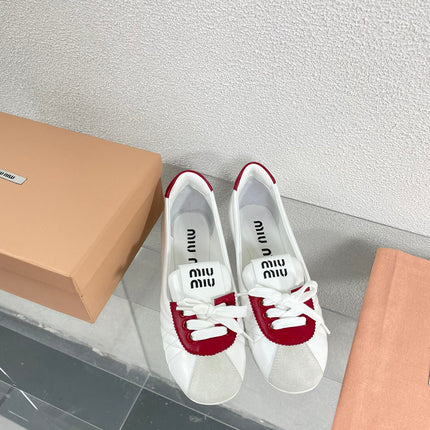 White Leather Ballet Flats With Red