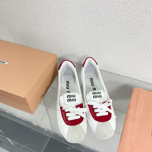 White Leather Ballet Flats With Red