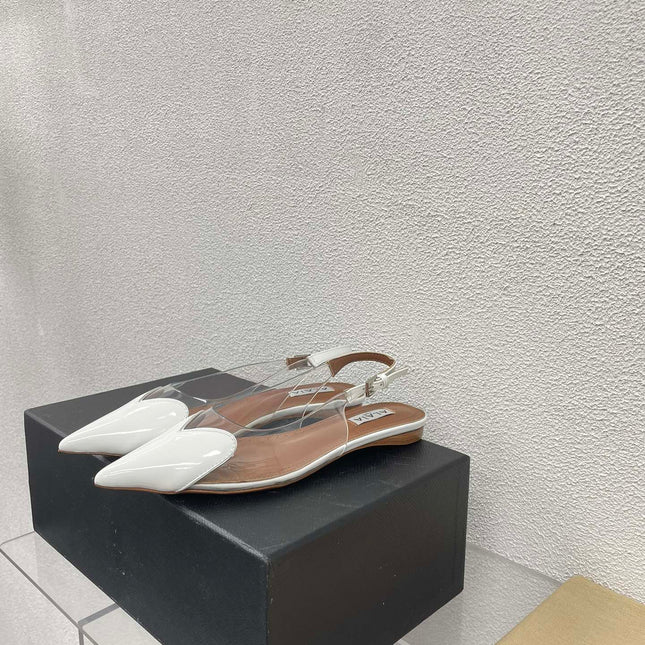 ALAIA LE COEUR FLAT SLINGBACKS IN WHITE PATENT LAMBSKIN