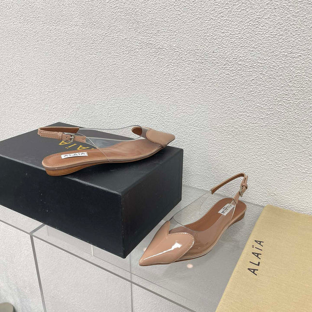 ALAIA LE COEUR FLAT SLINGBACKS IN BEIGE PATENT LAMBSKIN