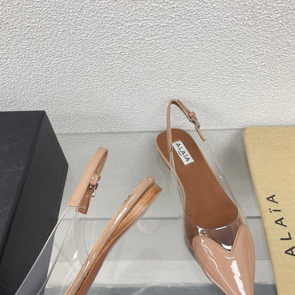 ALAIA LE COEUR FLAT SLINGBACKS IN BEIGE PATENT LAMBSKIN