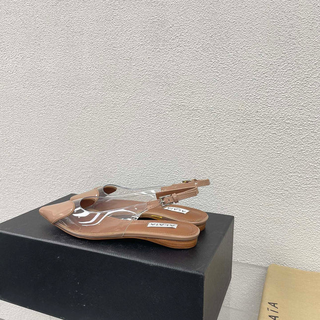 ALAIA LE COEUR FLAT SLINGBACKS IN BEIGE PATENT LAMBSKIN