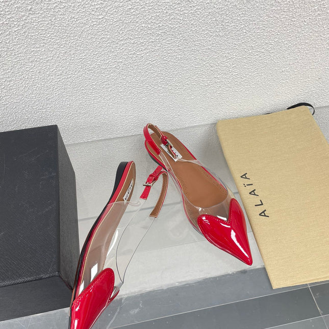 ALAIA LE COEUR FLAT SLINGBACKS IN CHERRY RED PATENT LAMBSKIN