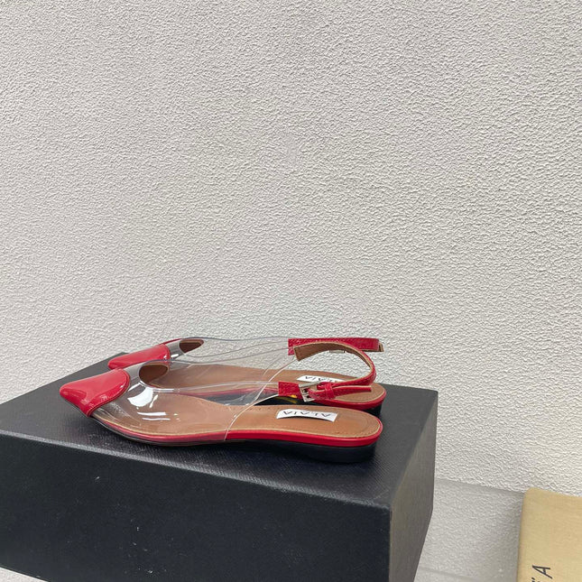 ALAIA LE COEUR FLAT SLINGBACKS IN CHERRY RED PATENT LAMBSKIN
