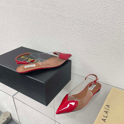ALAIA LE COEUR FLAT SLINGBACKS IN CHERRY RED PATENT LAMBSKIN