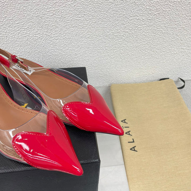 ALAIA LE COEUR FLAT SLINGBACKS IN CHERRY RED PATENT LAMBSKIN