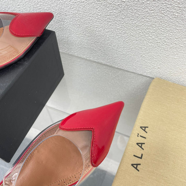 ALAIA LE COEUR FLAT SLINGBACKS IN CHERRY RED PATENT LAMBSKIN