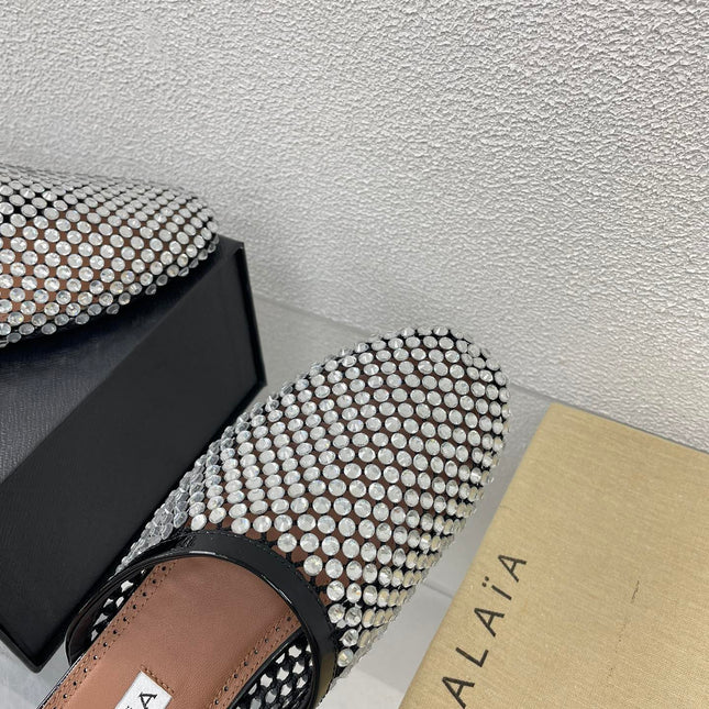 ALAIA FLAT MULES IN STRASS BLACK LAMBSKIN WITH RHINSTONES