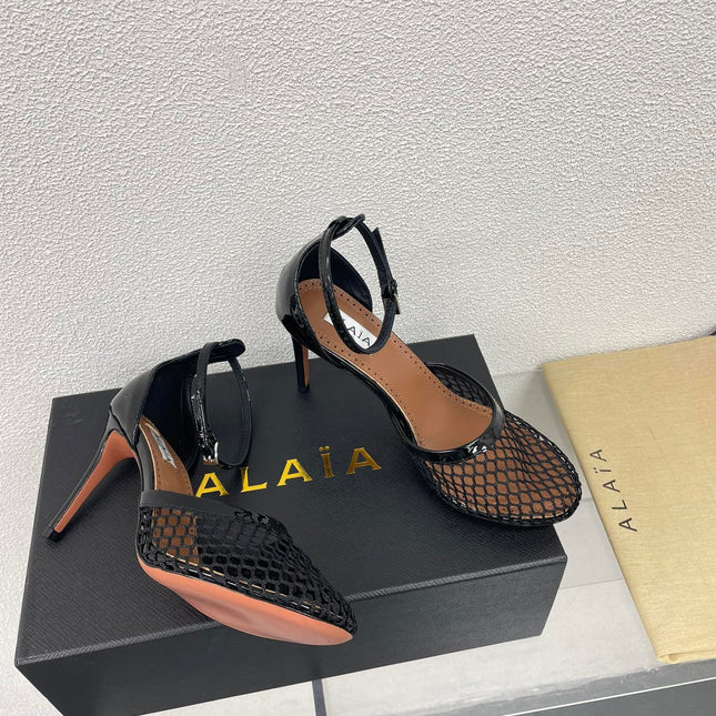 ALAIA HIGH FISHNET 9 CM PUMPS IN BLACK MESH