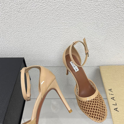 ALAIA HIGH FISHNET 9 CM PUMPS IN EGG NOG MESH