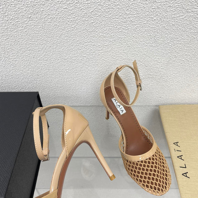 ALAIA HIGH FISHNET 9 CM PUMPS IN EGG NOG MESH