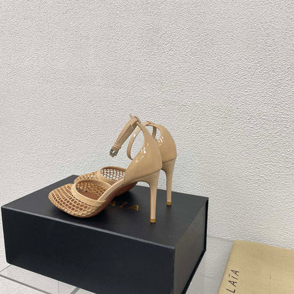 ALAIA HIGH FISHNET 9 CM PUMPS IN EGG NOG MESH