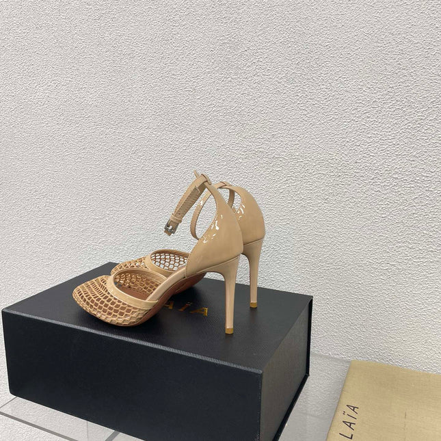 ALAIA HIGH FISHNET 9 CM PUMPS IN EGG NOG MESH
