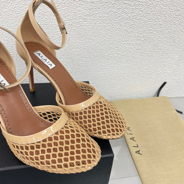 ALAIA HIGH FISHNET 9 CM PUMPS IN EGG NOG MESH