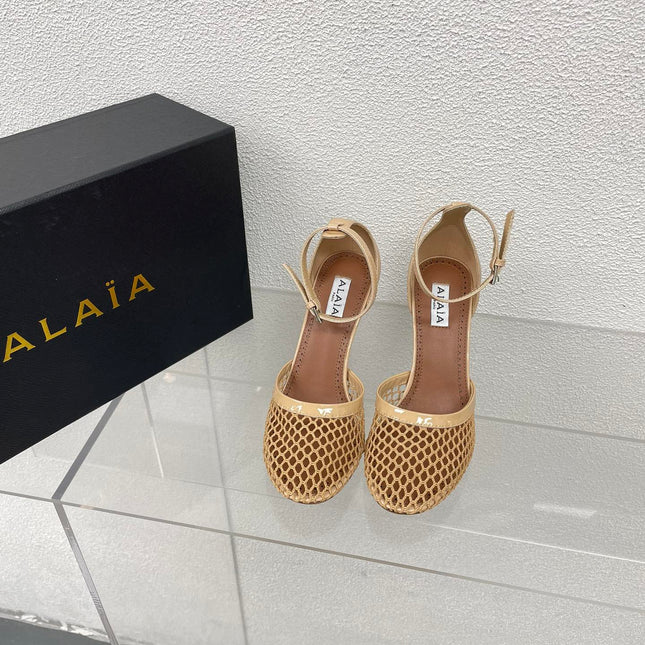 ALAIA HIGH FISHNET 9 CM PUMPS IN EGG NOG MESH