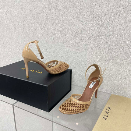 ALAIA HIGH FISHNET 9 CM PUMPS IN EGG NOG MESH