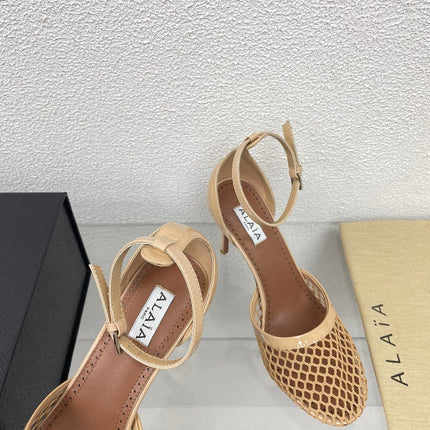 ALAIA HIGH FISHNET 9 CM PUMPS IN EGG NOG MESH
