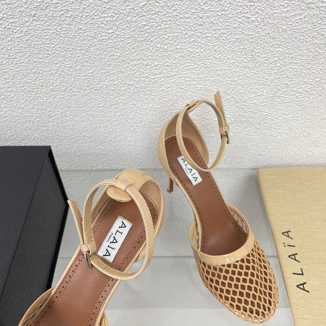 ALAIA HIGH FISHNET 9 CM PUMPS IN EGG NOG MESH