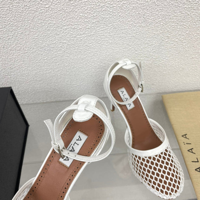 ALAIA HIGH FISHNET 9 CM PUMPS IN WHITE MESH