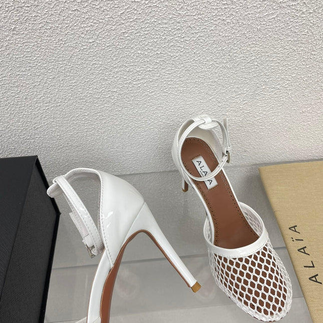 ALAIA HIGH FISHNET 9 CM PUMPS IN WHITE MESH