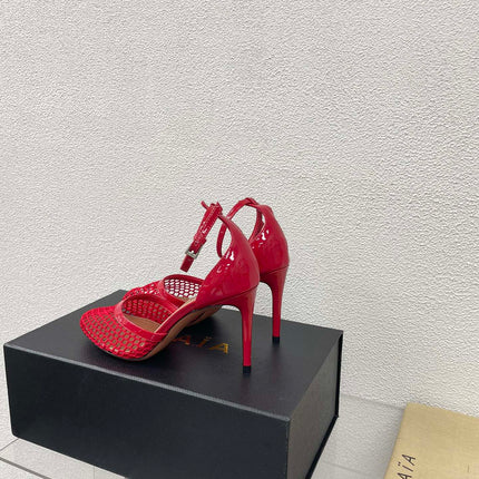 ALAIA HIGH FISHNET 9 CM PUMPS IN CHERRY RED MESH