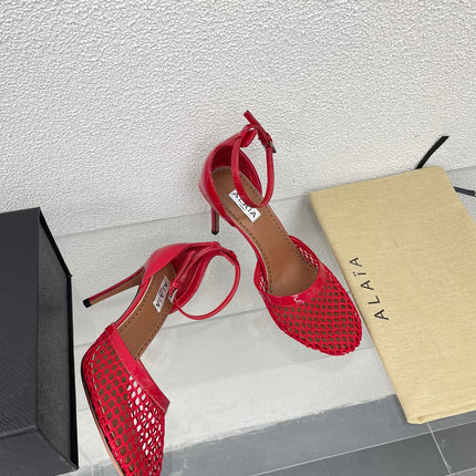 ALAIA HIGH FISHNET 9 CM PUMPS IN CHERRY RED MESH