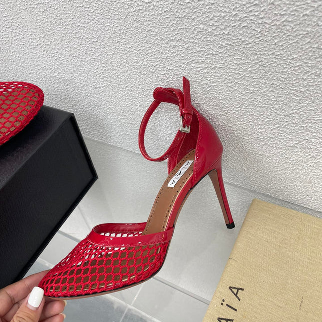 ALAIA HIGH FISHNET 9 CM PUMPS IN CHERRY RED MESH