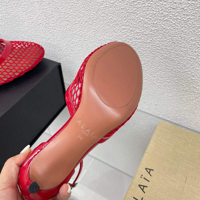 ALAIA HIGH FISHNET 9 CM PUMPS IN CHERRY RED MESH