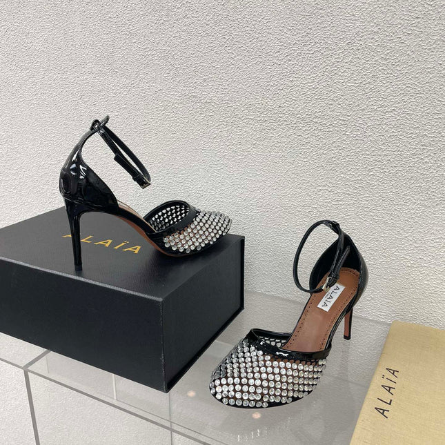 ALAIA HIGH FISHNET PUMPS IN BLACK MESH WITH WHITE RHINSTONES