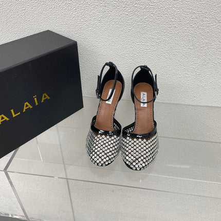 ALAIA HIGH FISHNET PUMPS IN BLACK MESH WITH WHITE RHINSTONES