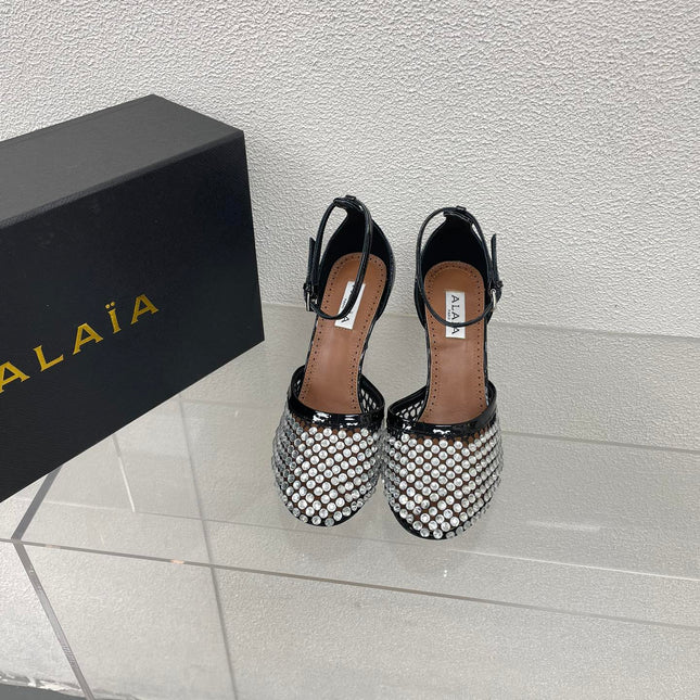 ALAIA HIGH FISHNET PUMPS IN BLACK MESH WITH WHITE RHINSTONES