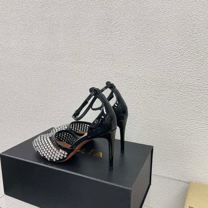 ALAIA HIGH FISHNET PUMPS IN BLACK MESH WITH WHITE RHINSTONES