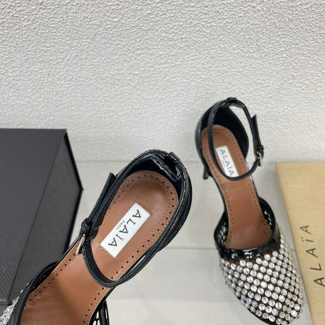 ALAIA HIGH FISHNET PUMPS IN BLACK MESH WITH WHITE RHINSTONES