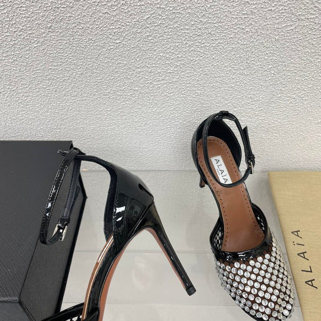 ALAIA HIGH FISHNET PUMPS IN BLACK MESH WITH WHITE RHINSTONES