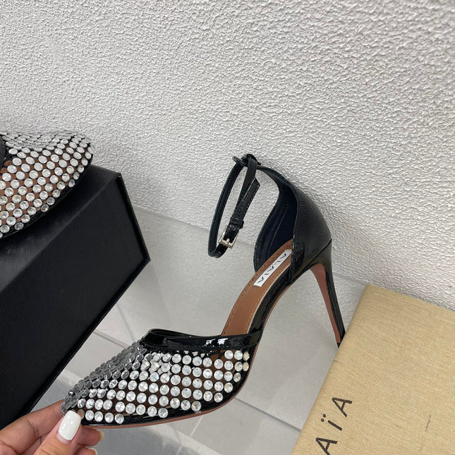 ALAIA HIGH FISHNET PUMPS IN BLACK MESH WITH WHITE RHINSTONES