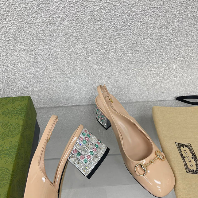 GG WOMEN'S HORSEBIT SLINGBACK IN TAN BEIGE CALFSKIN WITH RHINSTONES