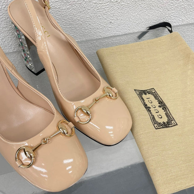 GG WOMEN'S HORSEBIT SLINGBACK 95MM IN TAN BEIGE CALFSKIN WITH RHINSTONES