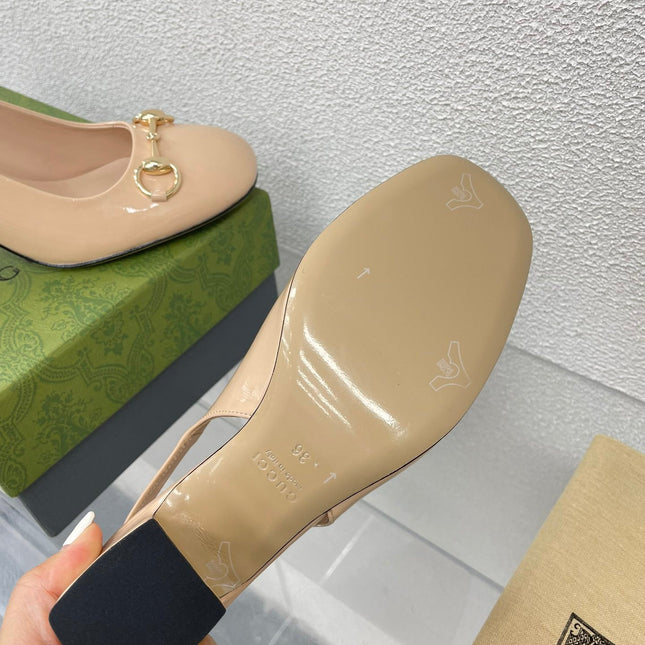 GG WOMEN'S HORSEBIT SLINGBACK 75MM IN TAN BEIGE CALFSKIN