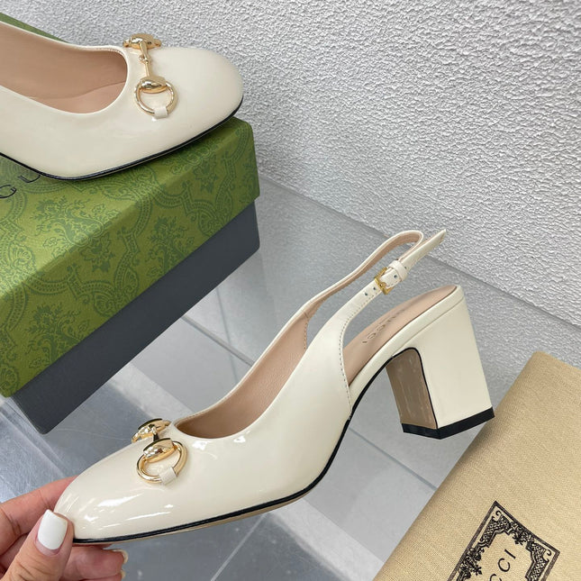 GG WOMEN'S HORSEBIT SLINGBACK 75MM IN WHITE CALFSKIN