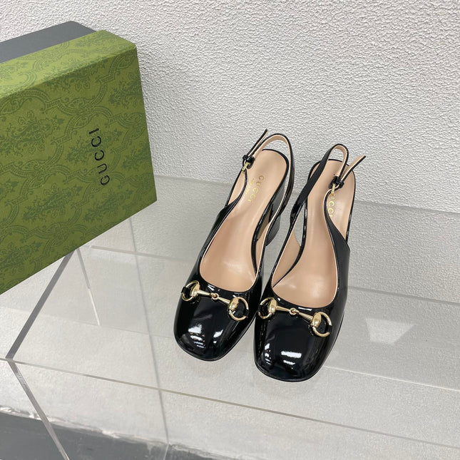 GG WOMEN'S HORSEBIT SLINGBACK 95MM IN BLACK CALFSKIN