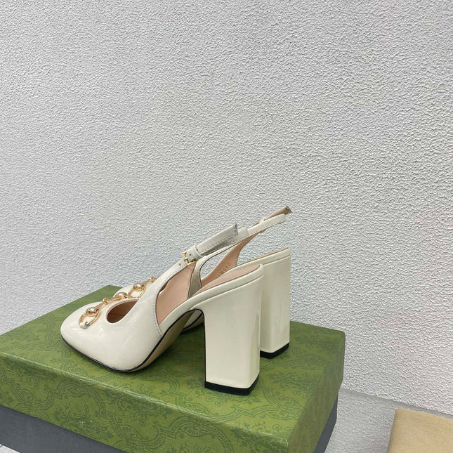 GG WOMEN'S HORSEBIT SLINGBACK 95MM IN WHITE CALFSKIN