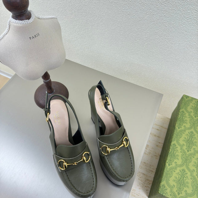 GG WOMEN'S HORSEBIT PLATFORM LOAFER SLINGBACK IN UNIFORM GREEN EMBOSSED CALFSKIN