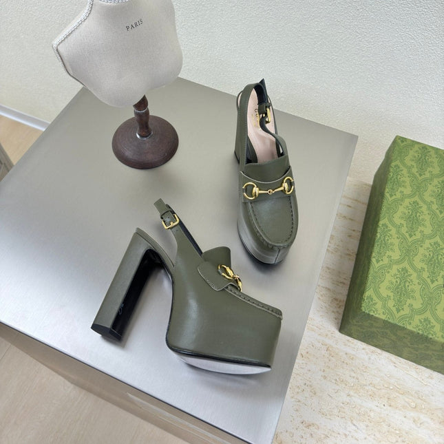 GG WOMEN'S HORSEBIT PLATFORM LOAFER SLINGBACK IN UNIFORM GREEN EMBOSSED CALFSKIN
