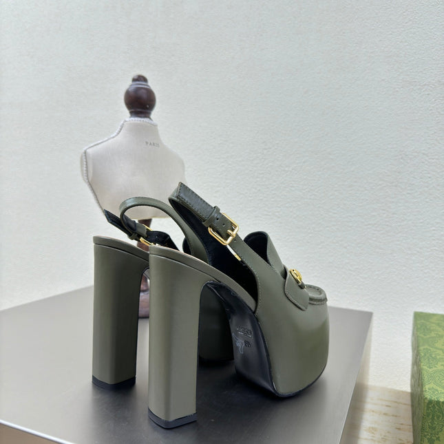 GG WOMEN'S HORSEBIT PLATFORM LOAFER SLINGBACK IN UNIFORM GREEN EMBOSSED CALFSKIN