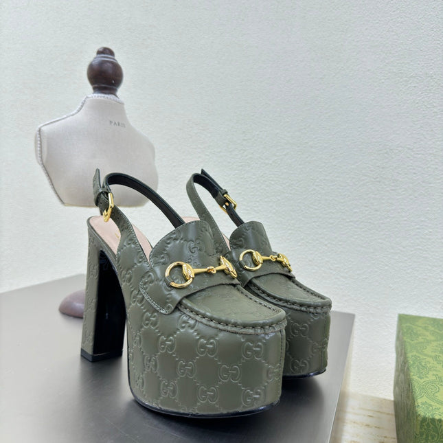 GG WOMEN'S HORSEBIT PLATFORM LOAFER SLINGBACK IN UNIFORM GREEN EMBOSSED CALFSKIN